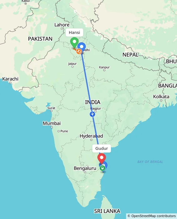 Route map showing distance and travel time from Hansi, India to Gudur, India
