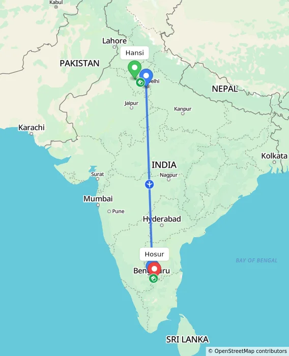 Route map showing distance and travel time from Hansi, India to Hosur, India