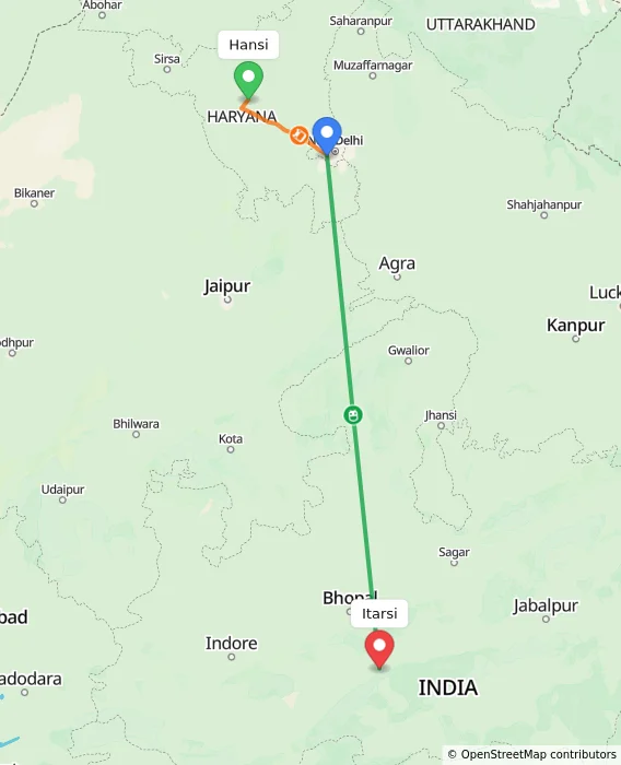 Route map showing distance and travel time from Hansi, India to Itarsi, India
