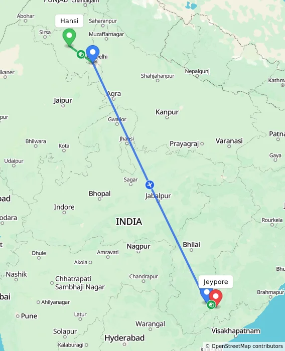 Route map showing distance and travel time from Hansi, India to Jeypore, India