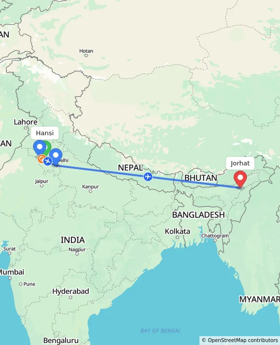 Route map showing distance and travel time from Hansi, India to Jorhat, India