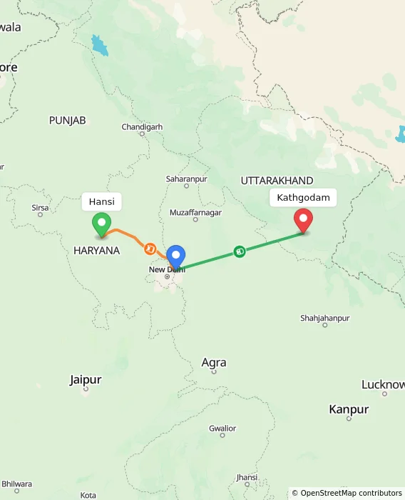 Route map showing distance and travel time from Hansi, India to Kathgodam, India