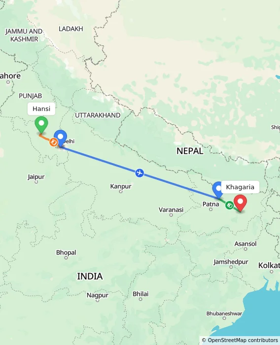Route map showing distance and travel time from Hansi, India to Khagaria, India