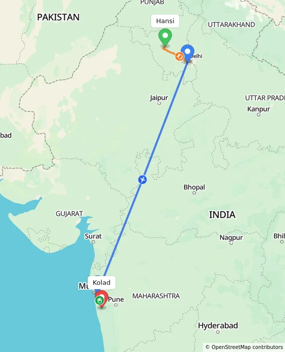 Route map showing distance and travel time from Hansi, India to Kolad, India