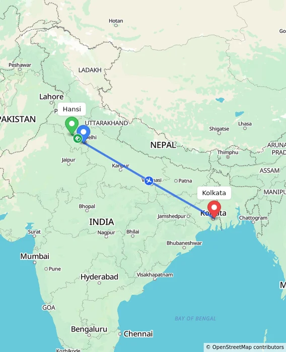 Route map showing distance and travel time from Hansi, India to Kolkata, India