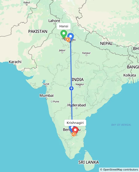 Route map showing distance and travel time from Hansi, India to Krishnagiri, India