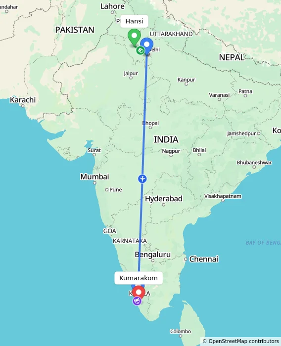 Route map showing distance and travel time from Hansi, India to Kumarakom, India