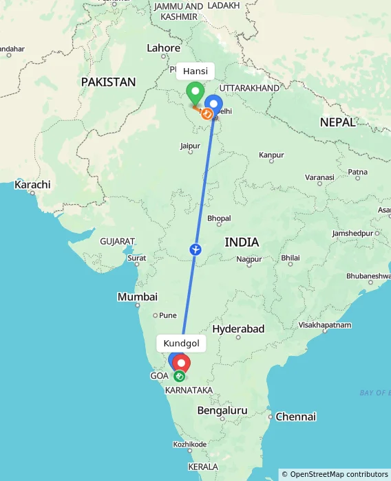 Route map showing distance and travel time from Hansi, India to Kundgol, India