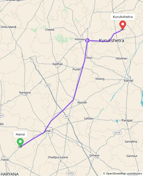 Route map showing distance and travel time from Hansi, India to Kurukshetra, India