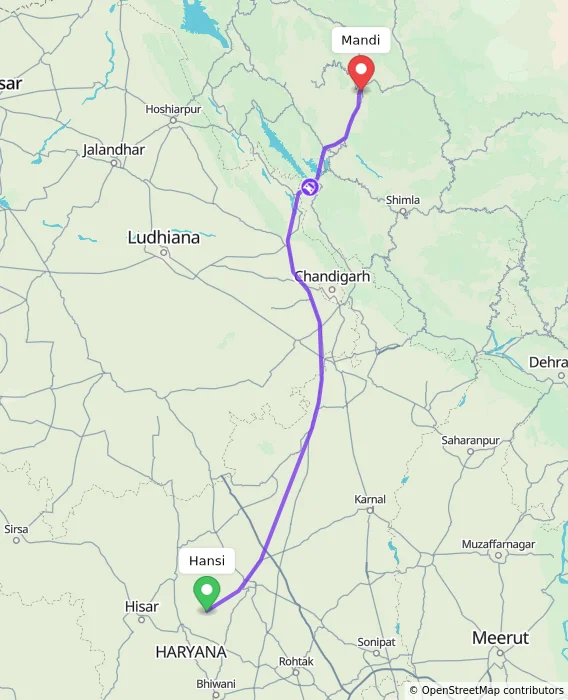 Route map showing distance and travel time from Hansi, India to Mandi, India