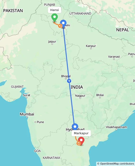 Route map showing distance and travel time from Hansi, India to Markapur, India