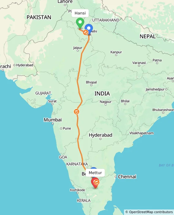 Route map showing distance and travel time from Hansi, India to Mettur, India