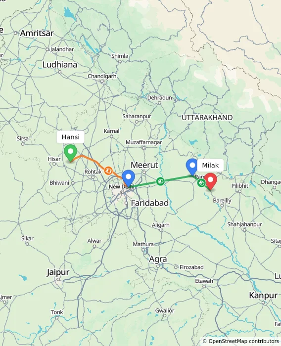 Route map showing distance and travel time from Hansi, India to Milak, India