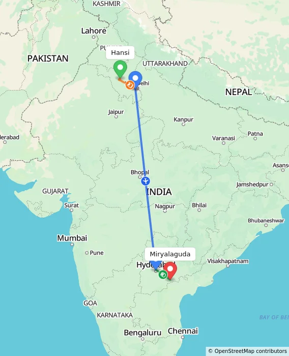 Route map showing distance and travel time from Hansi, India to Miryalaguda, India
