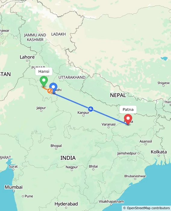 Route map showing distance and travel time from Hansi, India to Patna, India