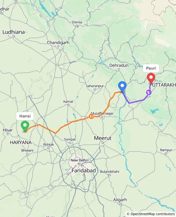 Route map showing distance and travel time from Hansi, India to Pauri, India