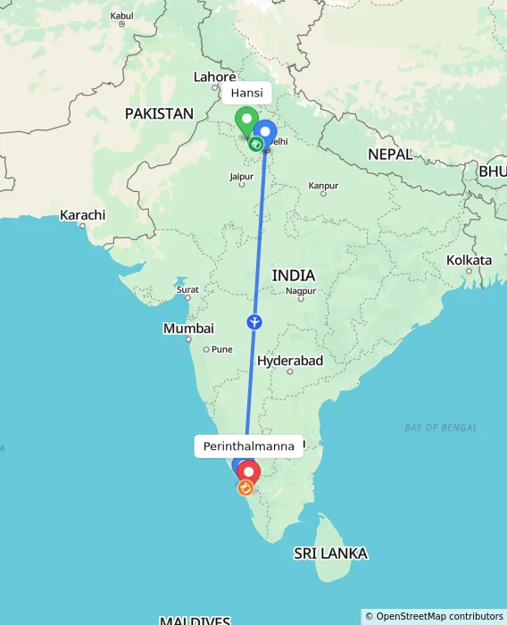 Route map showing distance and travel time from Hansi, India to Perinthalmanna, India
