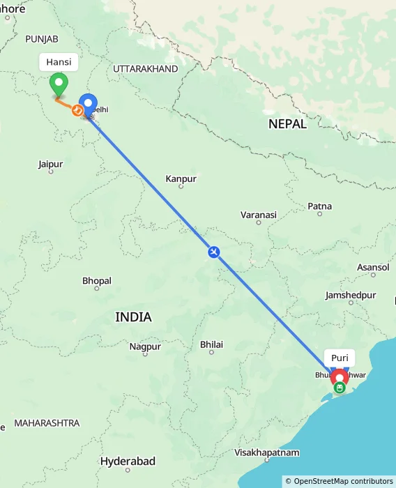 Route map showing distance and travel time from Hansi, India to Puri, India