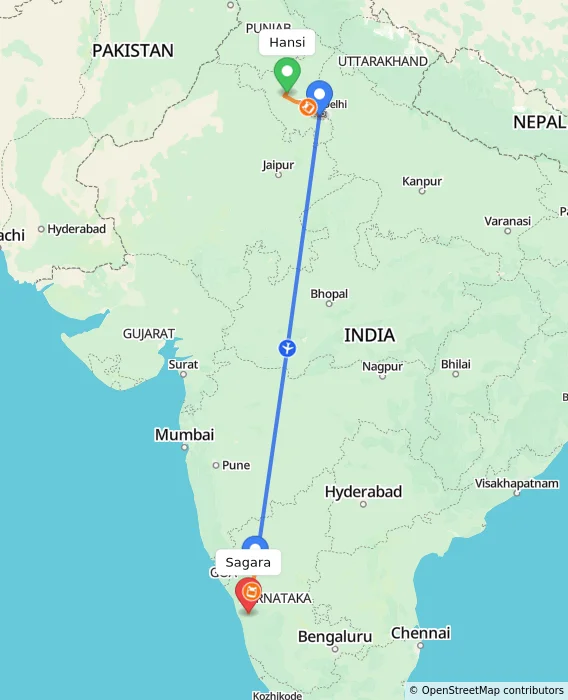 Route map showing distance and travel time from Hansi, India to Sagara, India