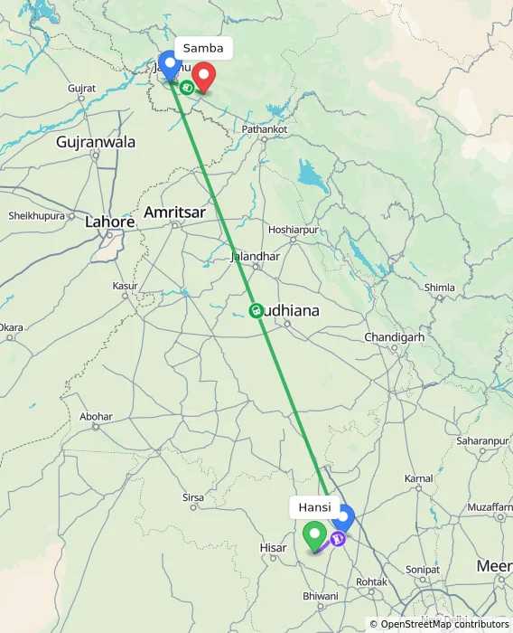 Route map showing distance and travel time from Hansi, India to Samba, India