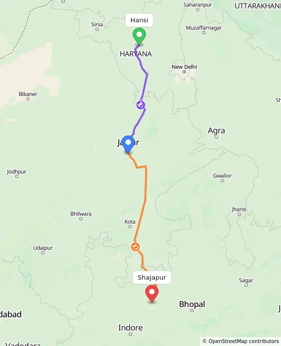 Route map showing distance and travel time from Hansi, India to Shajapur, India