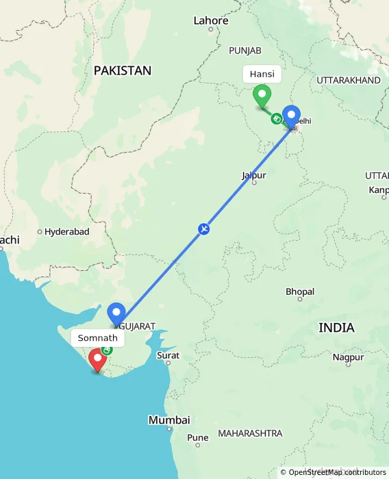 Route map showing distance and travel time from Hansi, India to Somnath, India