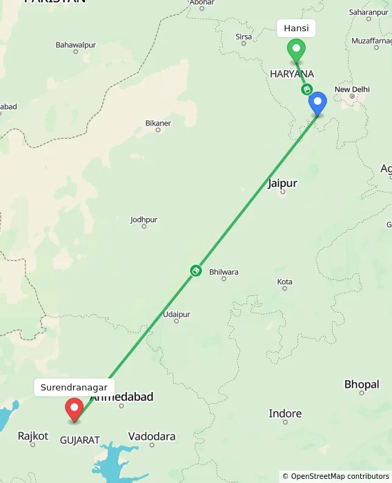 Route map showing distance and travel time from Hansi, India to Surendranagar, India