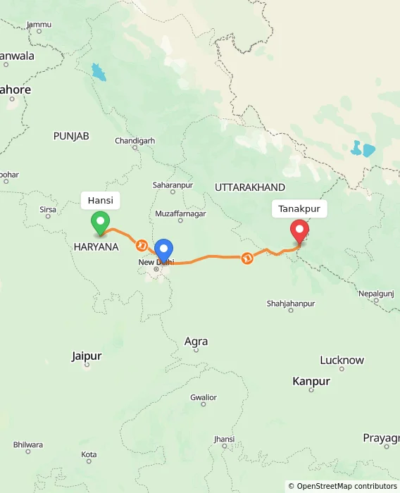 Route map showing distance and travel time from Hansi, India to Tanakpur, India