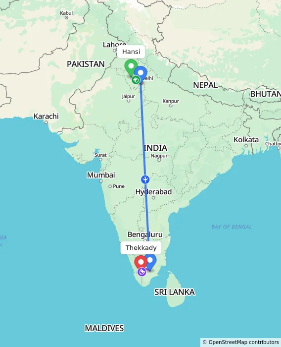 Route map showing distance and travel time from Hansi, India to Thekkady, India