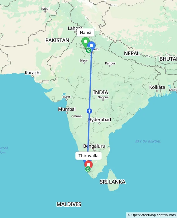 Route map showing distance and travel time from Hansi, India to Thiruvalla, India
