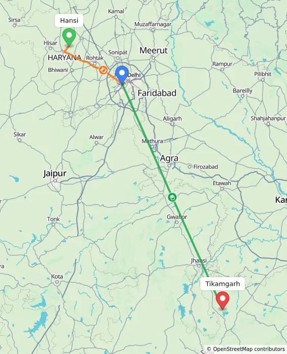 Route map showing distance and travel time from Hansi, India to Tikamgarh, India