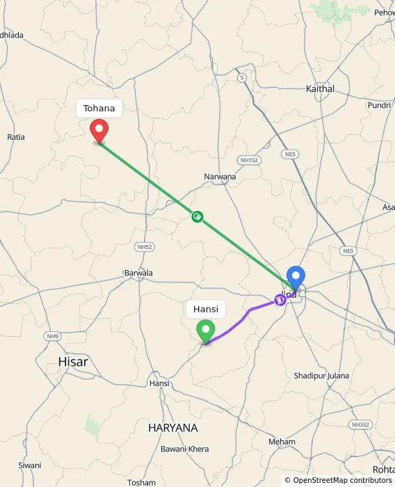 Route map showing distance and travel time from Hansi, India to Tohana, India