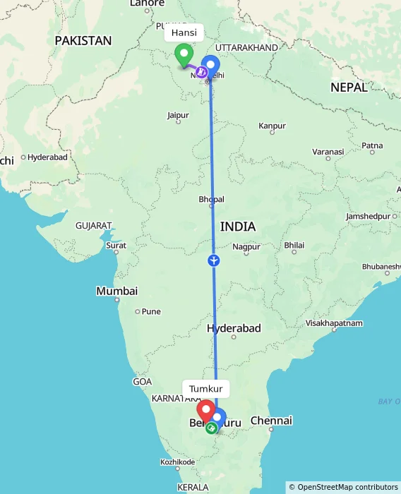 Route map showing distance and travel time from Hansi, India to Tumkur, India