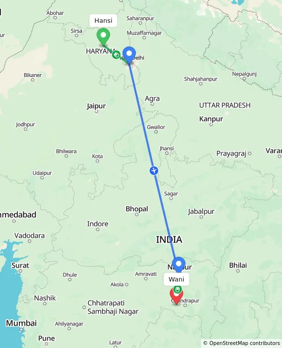 Route map showing distance and travel time from Hansi, India to Wani, India