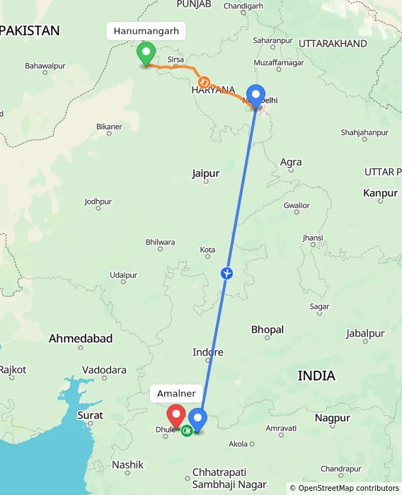 Route map showing distance and travel time from Hanumangarh, India to Amalner, India