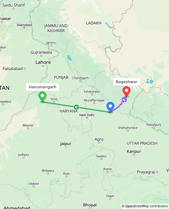 Route map showing distance and travel time from Hanumangarh, India to Bageshwar, India