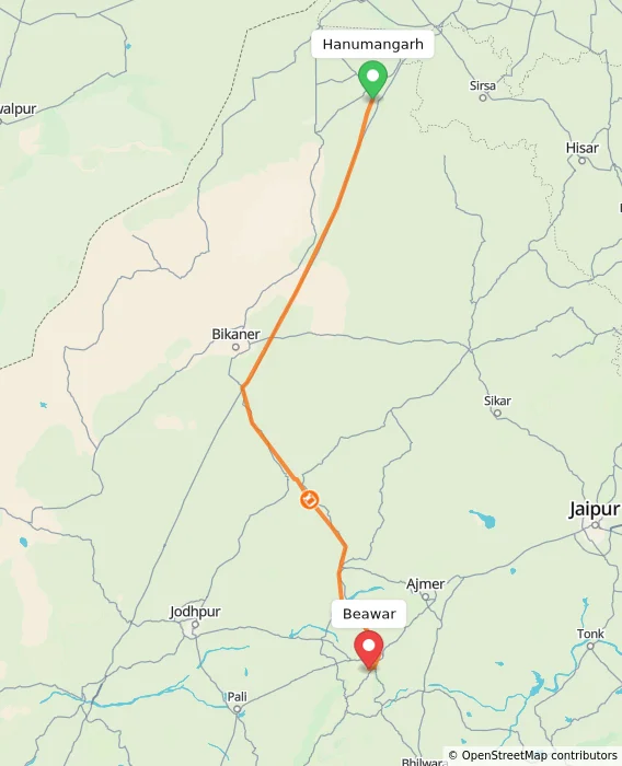 Route map showing distance and travel time from Hanumangarh, India to Beawar, India