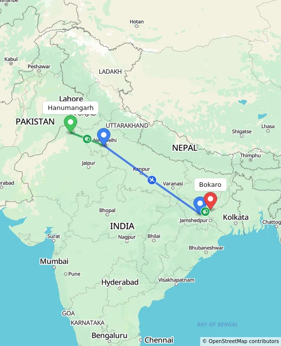 Route map showing distance and travel time from Hanumangarh, India to Bokaro, India