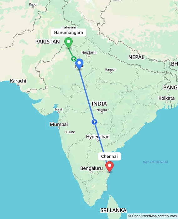 Route map showing distance and travel time from Hanumangarh, India to Chennai, India