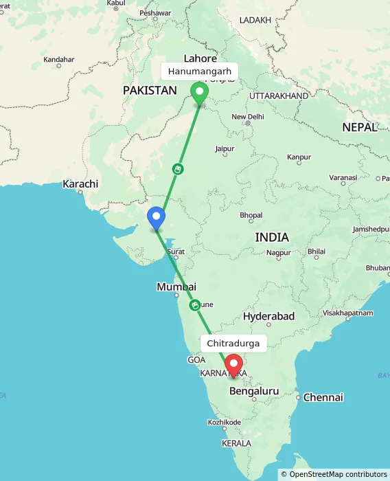Route map showing distance and travel time from Hanumangarh, India to Chitradurga, India