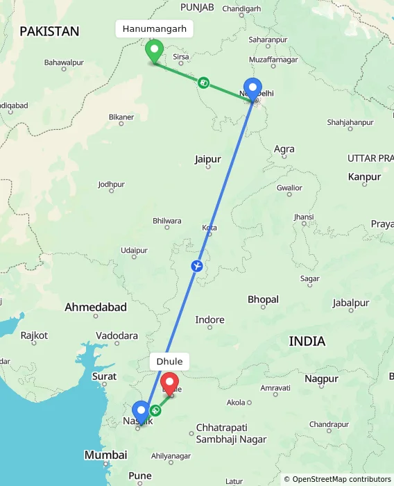Route map showing distance and travel time from Hanumangarh, India to Dhule, India