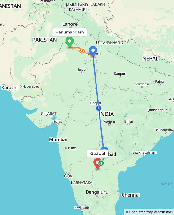Route map showing distance and travel time from Hanumangarh, India to Gadwal, India