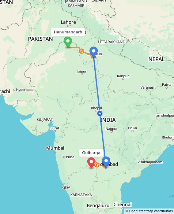 Route map showing distance and travel time from Hanumangarh, India to Gulbarga, India