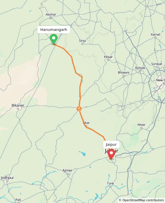 Route map showing distance and travel time from Hanumangarh, India to Jaipur, India