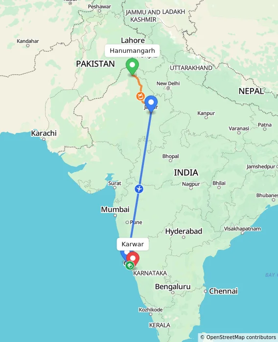 Route map showing distance and travel time from Hanumangarh, India to Karwar, India
