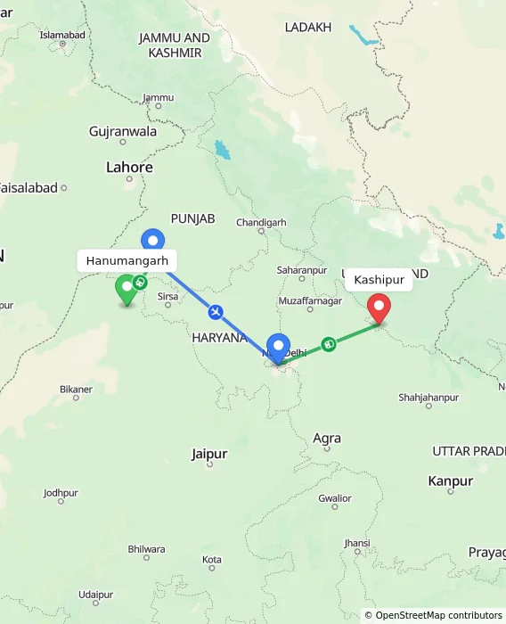 Route map showing distance and travel time from Hanumangarh, India to Kashipur, India