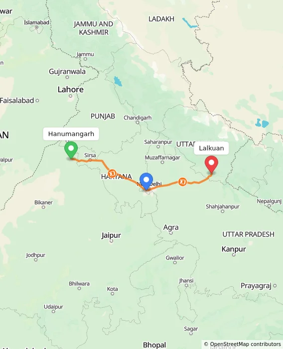 Route map showing distance and travel time from Hanumangarh, India to Lalkuan, India