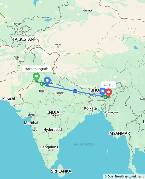 Route map showing distance and travel time from Hanumangarh, India to Lanka, India