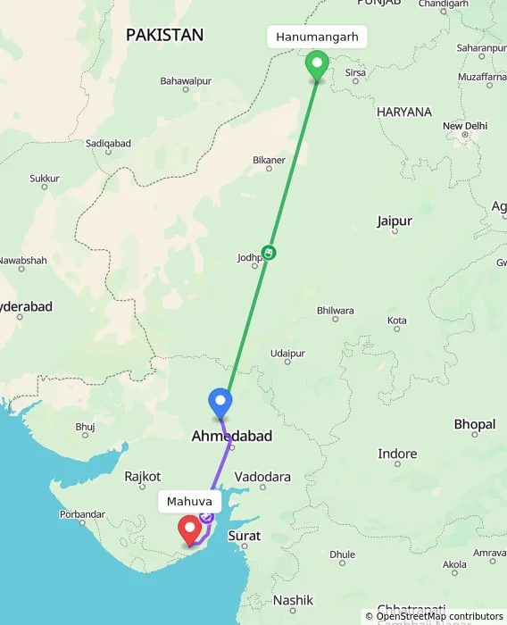 Route map showing distance and travel time from Hanumangarh, India to Mahuva, India
