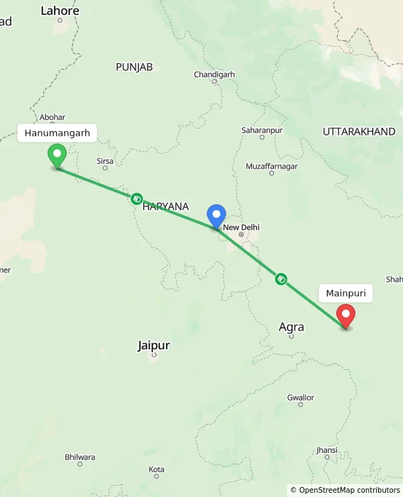 Route map showing distance and travel time from Hanumangarh, India to Mainpuri, India